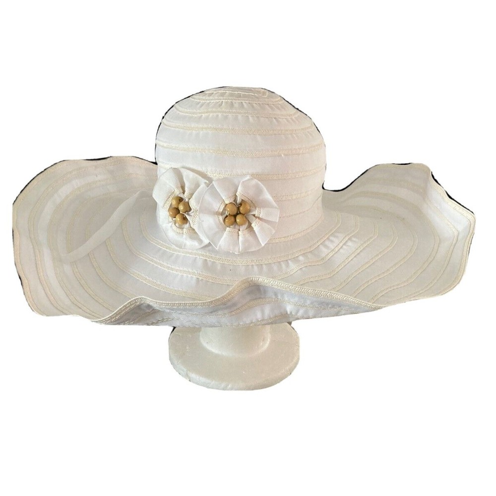 Scala Sun Hat Womens White Floppy Bendable Packable Canvas One Size Wood Beads